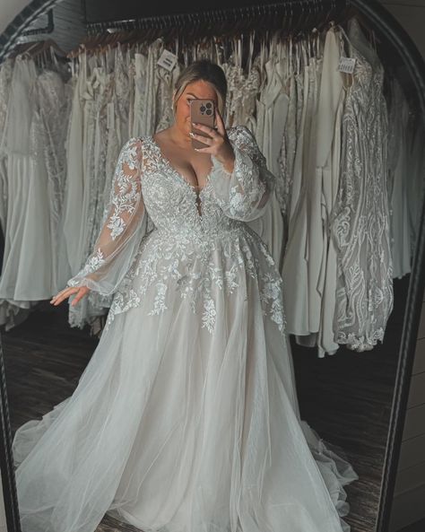 Wild Rose Bridal Effingham | The Eddy K curvy 2025 trunk show is in Store this weekend through Monday! 💕✨ Help us choose what we permanently add to the store and try… | Instagram Wedding Dresses Plus Size Western, Fluffy Wedding Dress With Sleeves, Plus Size Fall Wedding Dresses, Western Plus Size Wedding Dresses, Floral Plus Size Wedding Dress, Plus Size Long Sleeve Wedding Dress, Bride Outfit Change, Dark Academia Wedding Dress, Plus Wedding Dress