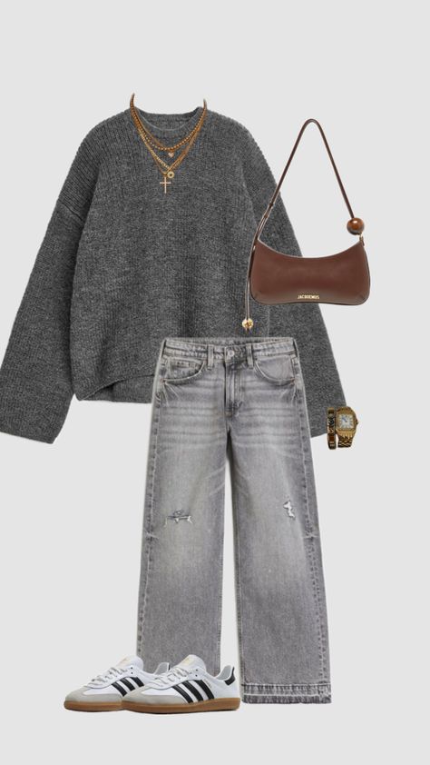 Gray Closet Ideas, Charcoal Gray Sweater Outfit, Grey Lounge Pants Outfits, Gray Washed Jeans Outfit, Outfit Ideas With Grey Jeans, How To Style A Grey Sweater, Outfit Ideas Grey Jeans, Grey Jeans Winter Outfit, Grey Wash Jeans Outfit