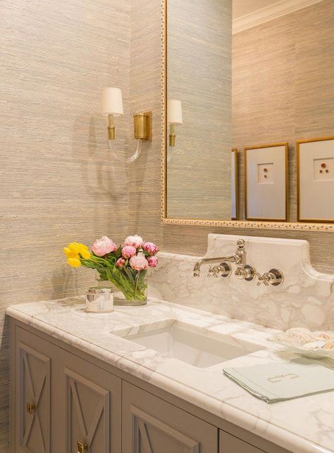 Touch of Brass - The Brass Hardware Trend is Still Going Strong #bathroomwallpaper Bad Inspiration, Wall Mount Faucet, Powder Bath, Bathroom Redo, Grasscloth Wallpaper, Bathroom Wallpaper, Bathroom Renos, Bath Remodel, Beautiful Bathrooms