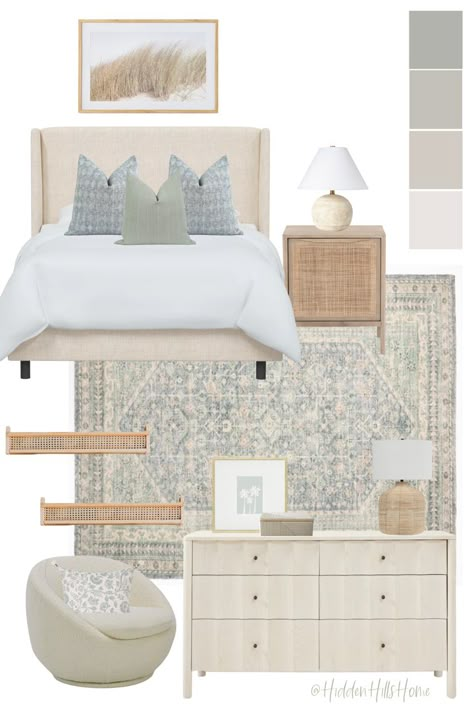 Cute girls coastal bedroom decor with a cream upholstered bed paired with blue and green beach tones! Girls Bedroom Green, Tilly Upholstered Bed, Decor Mood Board, Coastal Bedroom Decor, Costal Bedroom, Teen Girls Bedroom, Coastal Bedroom Decorating, Sage Green Bedroom, Girls Bedroom Decor