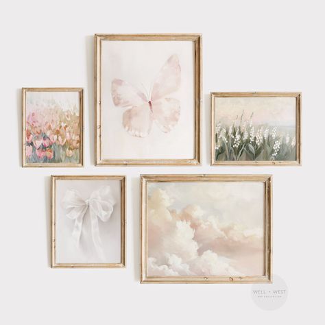 This is our gallery set of five vintage inspired paintings featuring a bow, sunset clouds, flowers, and butterflies in delicate shades of blush pink, white, cream, green, and gold. This artwork is the perfect for spring or in a nursery and is immediately accessible for download and print after purchase. INCLUDED: 1 PDF file containing high resolution JPG photos at 300 DPI. The downloads are available in 7 aspect ratios that can be printed in the following sizes *FILE 1 (2:3 Ratio)   IN: 4x6, 6x9 Wildflower Butterfly Nursery, Nursery Name Wall Decor, Coquette Wall Art, Nursery Gallery Wall, Wildflower Field, Pink Nursery Decor, Papillon Rose, Baby Room Inspiration, Sunset Clouds