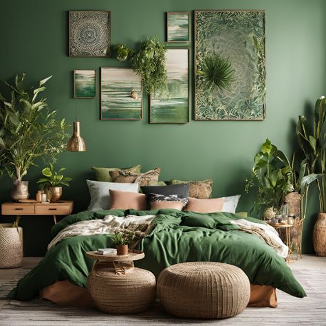 11 Boho Cozy Green Bedroom Ideas - My Besuited Home Lots Of Plants In Bedroom, Boho Bedroom Decor Green, Dark Green And Orange Bedroom, Green Boho Decor, Cozy Green Bedroom, Bedroom Boho Style, Green Bedrooms, Green Bedroom Ideas, Boho Cozy