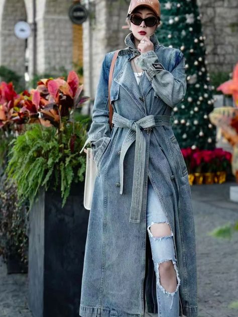 Autumn And Spring Denim Long Coat Woman Luxury Women's Coats Women's Coats Jackets Trench Coat Female Traf Women's Trench Coat - AliExpress 200000345 Moda Denim, Denim Trench Coat, Spring Denim, Estilo Denim, Chic Shirts, Flared Sleeves Top, Long Coat Women, Mode Jeans, Langer Mantel