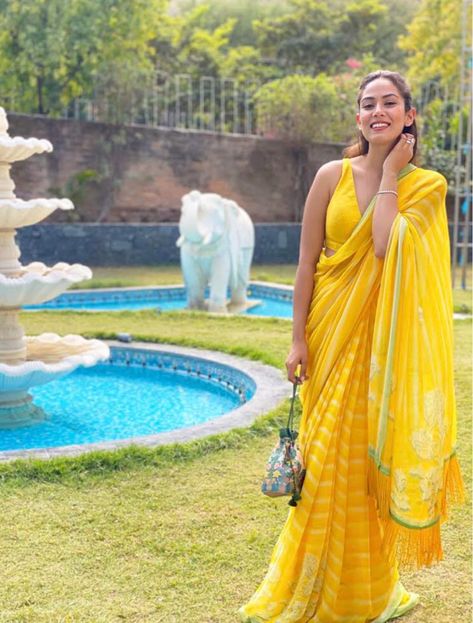 Mira Rajput's Spring Wedding Look In A Yellow Saree Is Brighter Than Sunshine Yellow Saree For Haldi, Haldi Outfits, Mira Rajput, Saree Gown, Yellow Saree, Summer Wedding Outfits, Bridesmaid Outfit, Dress Indian Style, Traditional Wear