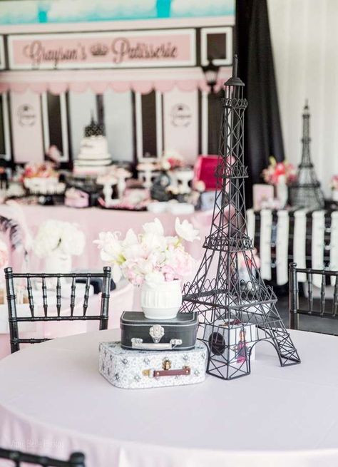 Loving the Eiffel Tower centerpiece at this elegant Paris Birthday Party!! See more party ideas and share yours at CatchMyParty.com Night In Paris Theme Party, Eiffel Tower Party Decorations, Paris Prom Theme, Paris Birthday Party Ideas, Paris Brunch, Eiffel Tower Party, Parisian Birthday, Paris Birthday Theme, Paris Birthday Party