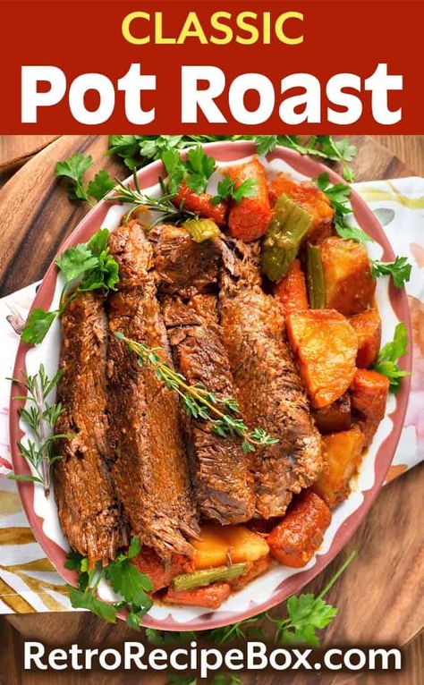 Classic Pot Roast is a recipe with tender beef roast and plenty of veggies, with lots of flavor. A rich, delicious roast that is cooked with simple ingredients, like mom used to make. A perfect family dinner! retrorecipebox.com #potroast #beef Durch Oven Pot Roast, Iron Meals, Outdoor Recipes, Dutch Oven Pot Roast, Oven Pot Roast, Pancakes Fluffy, Slow Cooker Pot Roast, Classic Pot Roast, Food Dinners