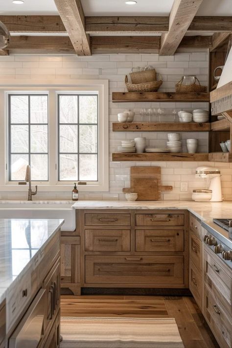 40 Rustic Farmhouse Kitchen Ideas That Look Chic and Charming  40 Rustic Farmhouse Kitchen Ideas That Look Chic and Charming Rustic Kitchen With Open Shelving, Farmhouse Kitchen No Upper Cabinets, Traditional Country Kitchen, Modern Cottage Kitchen Inspiration, Joanna Gains Kitchen, Ranch House Kitchen, Rustic Farmhouse Kitchen Ideas, Montana Kitchen, Hickory Kitchen Cabinets