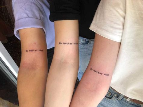 Forever Best Friend Tattoos, Lines For Trio Friends, Minimalistic Best Friend Tattoos, Three Person Tattoo Friends, Meaningful Trio Tattoo Ideas, Trio Best Friends Aesthetic Quotes, Trio Friend Tattoos, Best Friend Trio Tattoos, Best Friend Tattoos 3 People