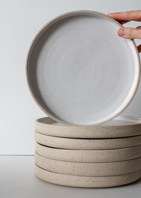 Stackable Ceramic Plates, Speckled Clay Plates, White Pottery Plates, Speckled Ceramic Plates, Kitchen Plates And Bowls, Plates That Look Like Bowls, Aesthetic Dinner Plates, Our Place Plates, Ceramic Bowls And Plates