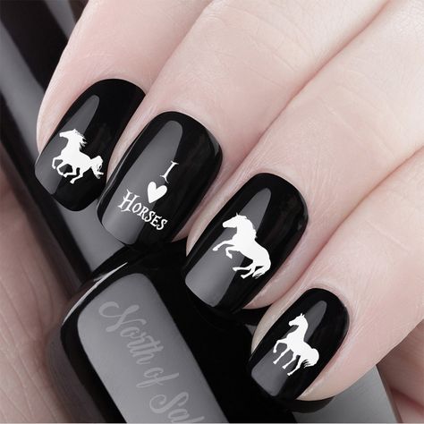 PLEASE NOTE All Decals are shipped from CANADA - Shipping to the USA: please allow 14-21 days for delivery THANK YOU! 48 Horse Silhouettes - in sizes to fit most nails - Includes instructions for use. CHOOSE WHITE OR BLACK HORSES on Clear Background, for use over any color polish. Easy to apply - works great over your favorite nail polish!  1. Paint nails with a clear base coat or a color of your choice 2. Cut the Nail Decal to size  3. Soak the Nail Decal in water for 10-20 seconds 4. Slide des Horse Nails Designs Nailart, Horse Nails Designs, Western Nails Simple, Nails Horse, Country Nail Designs, Horse Nail Art, Country Acrylic Nails, Rodeo Nails, Horse Nails