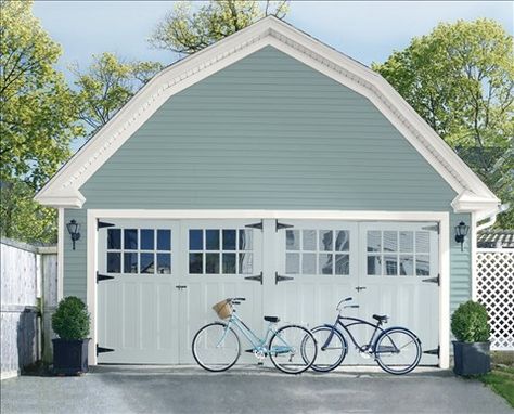 Benjamin Moore "Sea Star" 2123-30 (Siding), "American White" 2112-70 (Trim), "Silver Gray" 2131-60 (Doors). Benjamin Moore Exterior, Exterior Color Palette, Garage Door Types, Garage Door Styles, Exterior House Colors Combinations, House Paint Color Combination, Color Combinations Paint, Garage Door Makeover, Garage Door Design