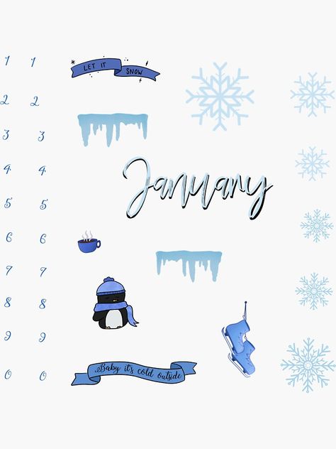 "January/winter theme Stickers Pack Bullet Journal " Sticker for Sale by tensinhouse | Redbubble Winter Theme Stickers, Bullet Journal January Theme, January Stickers, Bullet Journal Sticker, January Bullet Journal, Journal Sticker, Bullet Journal Notebook, Stickers Printable, Bullet Journal Themes