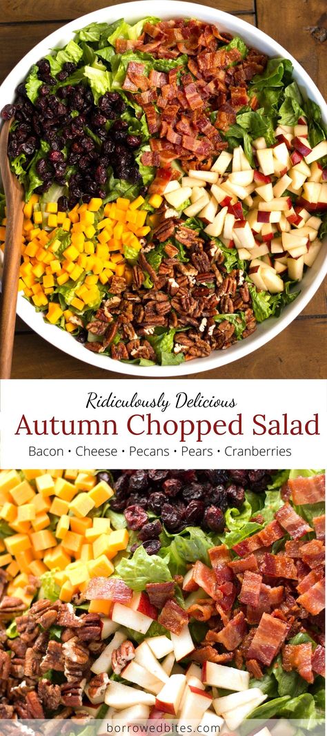 Succulent pears, salty bacon, tart cranberries, sharp cheese, and crunchy pecans with a sweet balsamic dressing on a bed of romaine. If you are looking for a special salad to wow your guests this Autumn Chopped Salad is it! Side Salad For Thanksgiving, Salad With Nuts Recipes, Savory Salad Recipes, Autumn Salads For A Crowd, Baby Shower Salad Ideas, Easy Tossed Salad, Best Side Salad, Autumn Chopped Salad, Special Salad