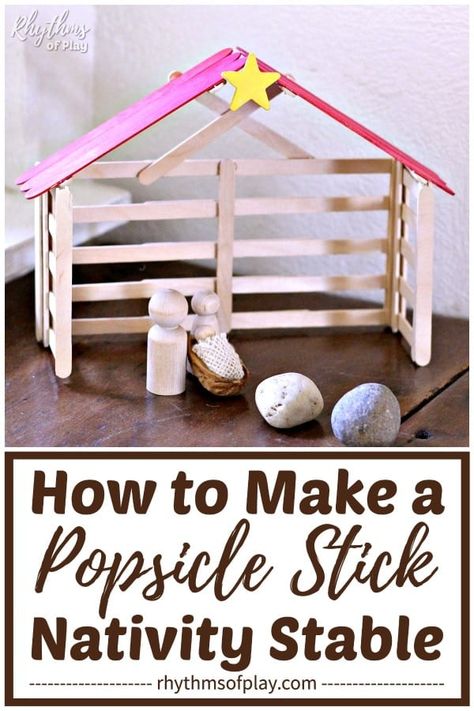 Popsicle Stick Nativity Stable Christmas Craft. Children will love this fun DIY project for kids and adults that the family can make together. It looks lovely displayed as Christmas home decor on a mantle, small table, or shelf. Click through for the step by step directions, and, details of how we use this handmade craft stick creche as an element in our advent calendar nativity scene. #Christmas #ChristmasCraft #ChristmasNativity #ChristmasDecor Diy Nativity Stable, Popsicle Stick Nativity, Nativity Scene Crafts, Nativity Scene Diy, Diy Popsicle Stick Crafts, Nativity Stable, Kerajinan Diy, Diy Nativity, Diy Popsicle