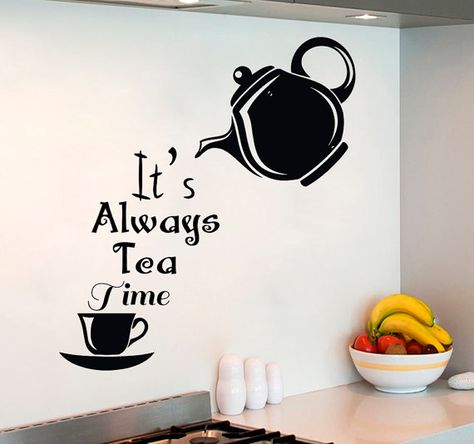 Tea Time Quotes, Simple Wall Paintings, Kids Bedroom Art, Tile Adhesive, Kitchen Wall Decals, Diy Wall Painting, Black And White Coffee, Wall Painting Decor, Kitchen Cafe