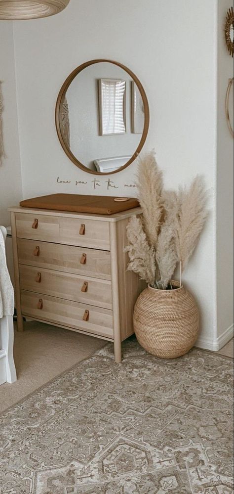 pinterest: camilleelyse ♡ Nursery Ideas Rattan, Cream Boho Nursery, Boho Baby Room Dresser, Boho Baby Nursery Furniture, Round Cushion Chair, Round Rug In Nursery, Nursery Natural Wood, Organic Modern Nursery, Natural Wood Nursery