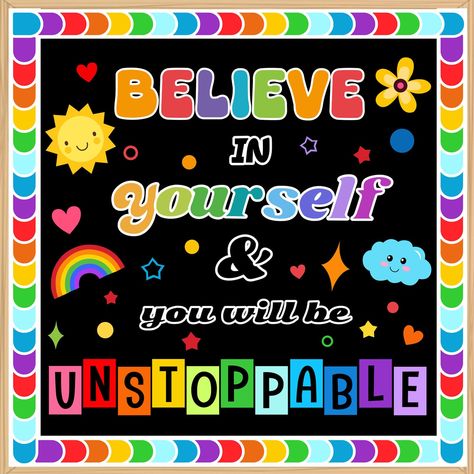 PRICES MAY VARY. 【 Bulletin Board Decoration Set 】You will receive letter cut-outs for the words "BELIEVE IN yourself & you will be UNSTOPPABALE". 1 x sun, 1 x rainbow, 1 x cloud, 1 x flower, 25 x colorful classroom borders, 60 x stickers confetti, 160 x glue dots. 【 Inspiring and Eye Catching 】Vibrant motivational cutouts features an assortment of eye-catching colors that will brighten and liven up any setting. The positive bulletin board set helps to your classroom an inspiring place to learn. Special Needs Bulletin Board Ideas, Our Future Is Bright Bulletin Board, Bulletin Board Decoration Ideas School, Motivational Bulletin Boards Elementary, Fun Bulletin Boards, Back To School Classroom Decorations, Bulletin Boards Back To School, Bulletin Board Wall, Motivational Bulletin Boards