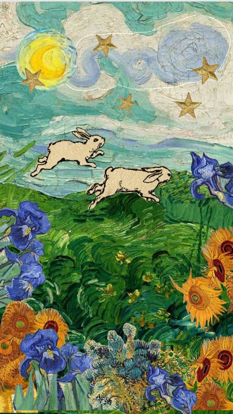 Rabbit Collage, Shuffle Collage, Rabbit Aesthetic, Collage Painting, Flower Nature, Aesthetic Art, Van Gogh, Energy, Collage