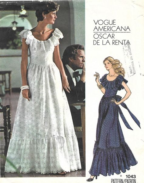 VOGUE AMERICANA Oscar de la Renta Designer Sewing Pattern 1043 Size 8 32-24-34 Charming gown with the detailed touches on OSCAR could provide. Fitted bodice is sleeveless with shaped midriff, wide ruffled neckline. Flared, gathered skirt is ruffled and has underskirt. Scoop neck.  Back zip. Attached sash to tie. Pattern is uncut, carefully stored, in excellent condition. Envelope has some wear. Shipping is FREE USPS First Class Mail. Midriff Dress, 70s Vogue, Evening Dress Patterns, Vogue Vintage, Origami Fashion, Designer Maxi Dress, Oscar Dresses, Patterns Fashion, Vogue Sewing