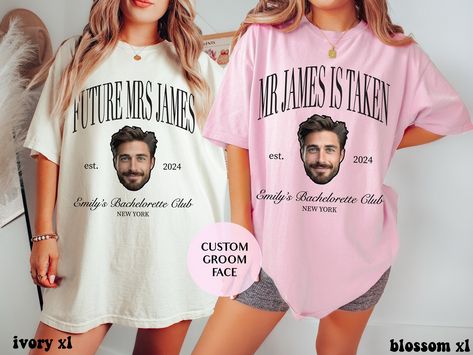 Future Mrs, He's Taken, Custom Groom Face, Bachelorette Funny Group Matching Comfort Colors Tee, Bach Social Club, Trendy Bride Engaged Gift by ItsAnAestheticCo on Etsy Bach Party Shirts, Custom Bachelorette Shirts, Bride Tshirt, Group Matching, Custom Bachelorette, Bachelorette Shirt, Trendy Bride, Future Mrs, Bach Party