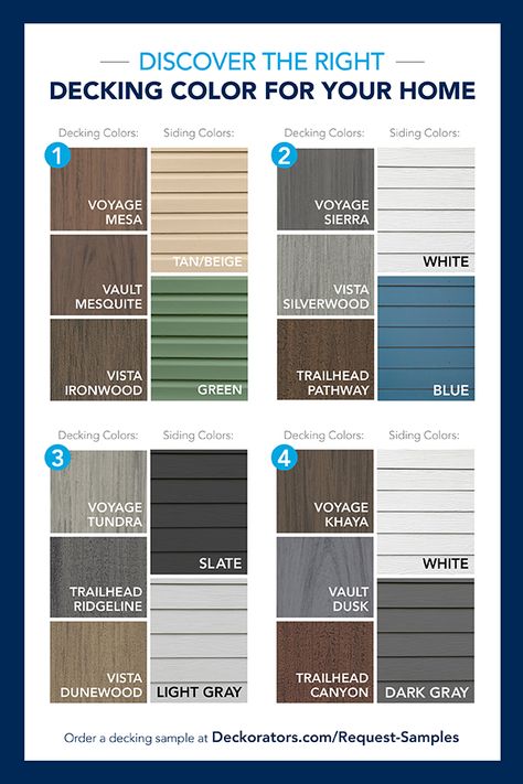 Grey House Porch Colors, Deck Stain Colors With Tan Siding, Two Tone Deck Color Ideas Paint, Trex Deck Colors For Tan House, Deck Color For Cream House, Deck Colors For Dark Brown House, Beige House Deck Colors, Outdoor Deck Color Ideas, House And Deck Color Combinations