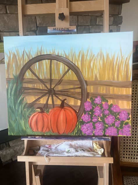 Painting Ideas On Canvas Farmhouse, Paint Craft Ideas For Adults, Fall Scenes With Pumpkins, How To Paint Fall Pictures, Fall Paintings Ideas, Fall Paint Ideas, Diy Fall Canvas, Canvas Painting Ideas Fall, Easy Farm Paintings