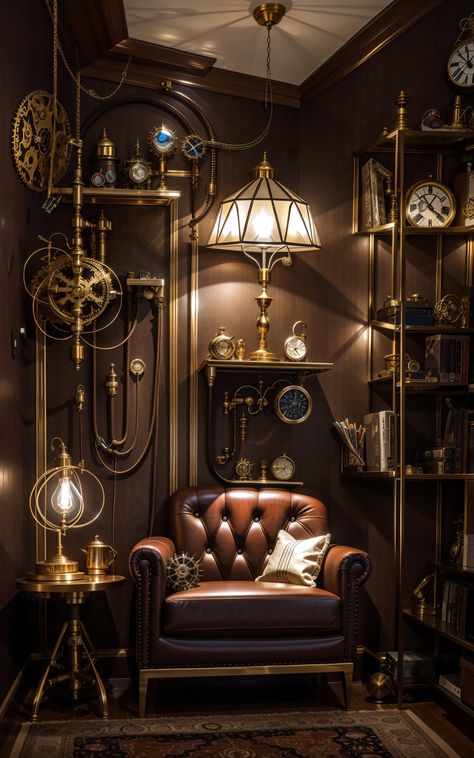 Industrial Steampunk Interior Design, Steampunk Hallway, Steam Punk House, Steam Punk Bedroom Aesthetic, Steampunk Aesthetic Interior, Steampunk Stage Design, Steampunk Living Room Ideas, Steampunk Architecture Interiors, Steampunk Train Interior