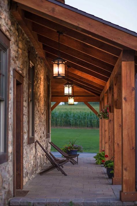 Settlement Post & Beam | Gallery Post And Beam Exterior, Post Beam House, Porch Beams, Timber Frame Porch, Timber Frame Cabin, Rustic Houses, Rustic Front Porch, Post And Beam Barn, Post And Beam Home