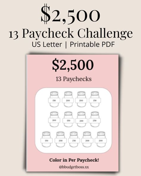 13 Paychecks Saving Challenge, Downloadable and Printable, Saving Money Tracker, Finance Planner, Paying off Debt Do you lack consistency when trying to save or just need something to guide you through your financial journey? Well check out this cute savings template. Save $2,500 with just 13 paychecks ! Cute Budget Template, Saving Money Tracker, Financial Planning Printables, Saving Money Chart, Money Tracker, Savings Chart, Money Chart, Money Saving Methods, Paying Off Debt