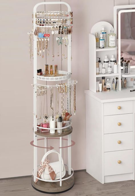 PRICES MAY VARY. 【Large-capacity Jewelry Organizer】SOLIMINTR jewelry organizer provides large storage choices. Earring organizer has up to 216 grooves for holding ear studs, dangle earrings and hoop earrings; necklace holder with 26 branches can store more than 100 necklaces; 4 bracelet holders help hang bracelets, scrunchies, watches, headbands; ring holder tray stores rings and other small items; 2 shelves are designed for organizing skincare, cosmetics, handbags and more. 【Rotating Jewelry Ho Dorm Room Inspiration, Earring Organizer, Necklace Holder, Room Makeover Bedroom, Jewelry Stand, Room Inspiration Bedroom, Jewelry Organizer, Room Ideas Bedroom, Jewelry Holder