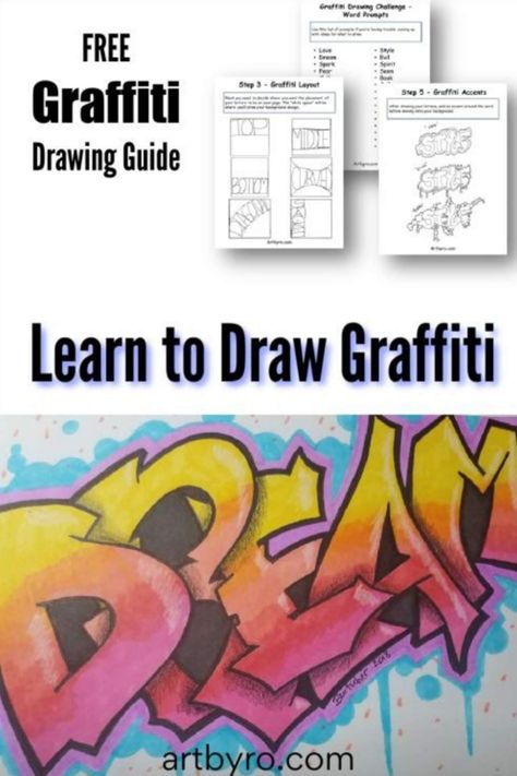 Learn how to create graffiti drawings. Easy beginner drawing lesson with free printable graffiti guide. Step by step art tutorial with pictures. #freebie #printable Graffiti Art Lesson Middle School, Graffiti Art Classroom, How To Graffiti Letters Step By Step, How To Create A Graffiti Tag, Graffiti Name Art Lesson, How To Draw Graffiti Step By Step, How To Do Graffiti Art, Graffiti Images Artworks, Graffiti Art Project