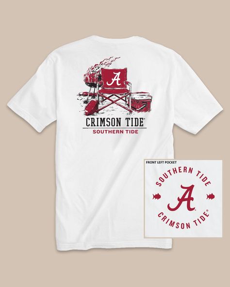 The back view of the Alabama Crimson Tide Gameday BBQ Tailgate T-Shirt by Southern Tide - Classic White Father Son Outfits, Gameday Food, Alabama Shirt, Alabama Shirts, Beach Towel Bag, Boys Swim Trunks, Roll Tide, Alabama Crimson, Kids Pants