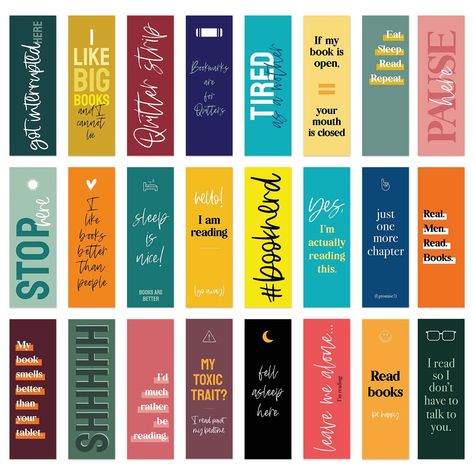 PRICES MAY VARY. Includes: Pack of 24 paper bookmarks. Size: Convenient 2" x 6" flat bookmarks. Modern Designs: 24 different snarky designs that pop with vibrant, bold colors showcasing unique typography. Pack contains 1 bookmark of each design. Funny quotes for book lovers. Printed in full color on one side of high quality cardstock. Perfect for: These colorful bookmarks with sarcastic quotes are useful for anyone who loves to read, journal, use notebooks, textbooks, magazines, novels, or write Bookmark Design With Quotes, Quotes For A Bookmark, Book Bookmark Design, Book Quotes For Bookmarks, Book Quote Bookmarks, Bookmark Phrases, Unique Bookmark Design, Bookmark Ideas Aesthetic Qoutes, Funny Bookmarks Diy