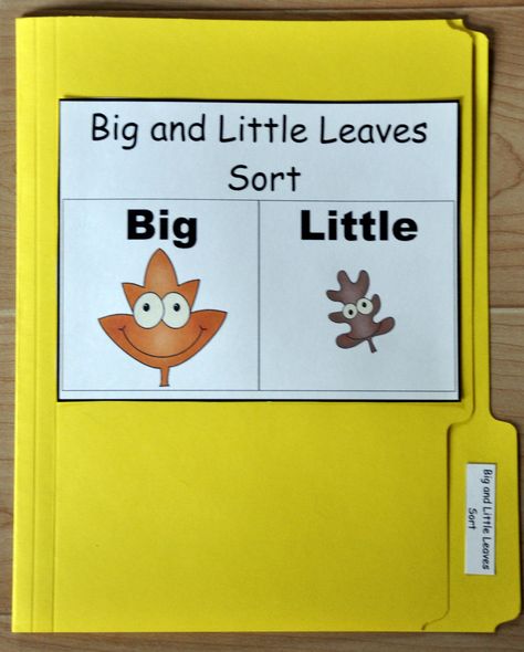 Fall Fun Concept File Folder Game:  Big and Little Leaves Sort Leaves Preschool, File Folder Games Preschool, Preschool First Day, Autumn Teaching Ideas, Folder Activities, File Folder Activities, Fall Preschool Activities, Kindergarten Printables, File Folder Games