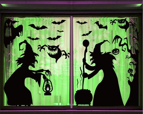 PRICES MAY VARY. Large size: You will receive 4 sheets Halloween witches window clings, which you could combine them into one giant window decor, or make them into 2 sheet posters. Each sheet size is 11.8 x 35.5 inches / 30 x 90 cm, combined one size is about 59 x 47.2 inches / 150 x 120 cm. Giant size is enough to catch people's eyes. Wicked witch design: These Halloween witches designed with a lot of witches, black cats, bat, cauldron silhouette Halloween elements. Large size and black color could see it very clearly out of the window in the night, create a spooky atmosphere in your Halloween holiday party, which look more realistic and festive. Premium material: Our large witches window stickers are made of high quality PVC material, no odd smell, durable and waterproof, good adhesion a Halloween Window Decorations Classroom, Halloween Window Stickers, Halloween Window Cutouts, Witches Window, Halloween Window Painting Ideas, Cauldron Silhouette, Halloween Window Painting, Halloween Window Art, Witch Window