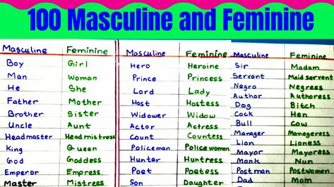 Gender । 100 Gender List । Masculine and Feminine list । Gender Words। Gender in English Grammar। Hello everyone welcome to my channel simple easy learning aur main hun Rashmi. Aaj ke video ka topic hai 100 Common Gender List jisme hum padhenge 100 Masculine and Feminine Words । Change The Gender In English, Gender In English, Masculine And Feminine Gender, Feminine Words, Gender Words, English Grammar For Kids, Feminine And Masculine, Grammar For Kids, Masculine And Feminine