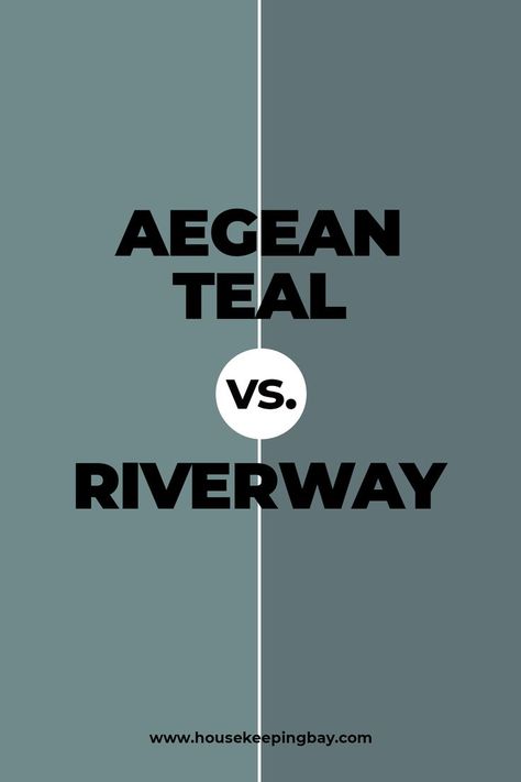 Aegean Teal vs Riverway by Benjamin Moore. If we put Riverway by Sherwin Williams and Aegean Teal by Benjamin Moore side by side, we will see that even though they do have quite many similarities, in general, these paint colors are quite easy to tell the difference between. Learn more about Aegean Teal vs Riverway by Benjamin Moore on our website! Sherwin Williams Aegean Teal, Riverway Sherwin Williams Dining Room, Benjamin Moore Agean Teal Front Door, Sw Aegean Teal, Aegean Teal Sherwin Williams, Aegean Teal Benjamin Moore Front Door, Aegean Teal Exterior House Paint, Riverway Exterior House, Exterior Teal Paint Colors