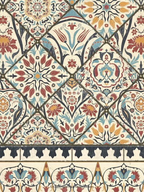 wall covering panel printed with intricate middle eastern tile pattern and borders in dark grey, red, blue and mustard yellow. Middle Eastern Patterns, Middle East Pattern, Arab Pattern, Arabic Geometric Pattern, Arabic Pattern Design, Michelle Nussbaumer, Arab Architecture, Morocco Pattern, Chinoiserie Mural