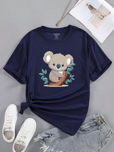 Plus Koala Print Tee Navy Blue Casual  Short Sleeve Fabric Cartoon  Slight Stretch Summer Women Plus Clothing, size features are:Bust: ,Length: ,Sleeve Length: T Shirt Cartoon Design, Printed T Shirts Ideas Women, Female Tshirt, Cute Tshirt Designs, Tshirts Women, Tshirts For Women, Trendy Shirt Designs, Shirts Women Fashion, Boys Hoodies