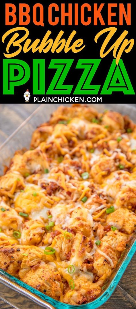 BBQ Chicken Bubble Up Pizza Recipe - Biscuit Pizza Casserole Recipe - Bubble Up Pizza - only 5 ingredients and ready in under 30 minutes! Refrigerated biscuits tossed in BBQ sauce chicken, bacon,topped with mozzarella and cheddar. We LOVE this casserole! Bubble Up Pizza, Pizza Casserole Recipe, Biscuit Pizza, Bbq Sauce Chicken, Pizza Roll, Course Ideas, Bbq Chicken Pizza, Sauce Chicken, Pizza Casserole