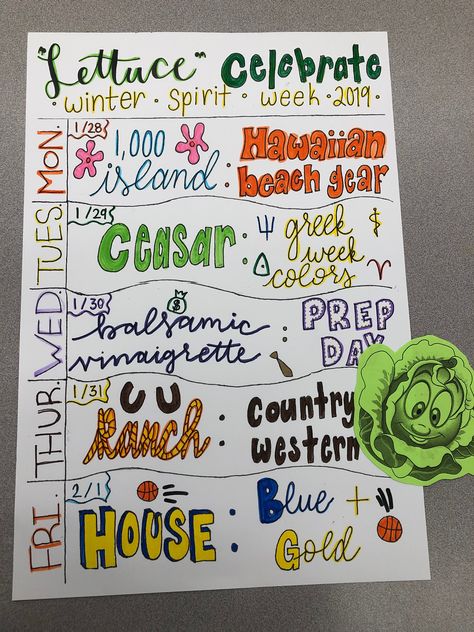 AGHS “Lettuce Celebrate” Winter Spirit Week 2019 Winter Spirt Week Ideas, School Spirit Theme Days, Start With Hello Spirit Week, Themes For Spirit Week, Vs Spirit Week Ideas, Asb Spirit Days, Candyland Spirit Week, Grade Wars Spirit Week, Student Council Spirit Week Ideas