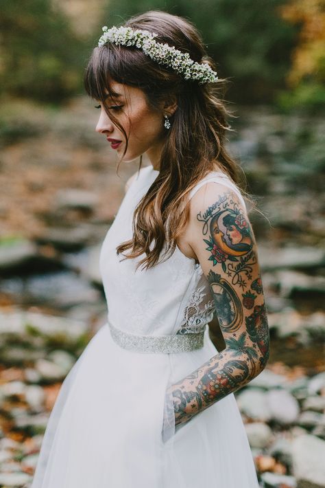 This Woodsy Wedding Is Low-Key Elegance Mastered #refinery29 Photo by Phil Chester  http://www.refinery29.com/christine-mcmillen-woods-wedding#slide4 Tattoo Bar, Girl Arm Tattoos, Brides With Tattoos, Woodsy Wedding, Luxury Vehicles, Wedding Dress With Pockets, Tattoo Videos, Arm Tattoos, Wedding Tattoos