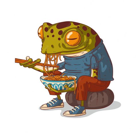 Frog Eating, Noodle Art, Image Moto, Frog Illustration, Frog Tattoos, Výtvarné Reference, Funny Frogs, Frog Art, Cool Art Drawings