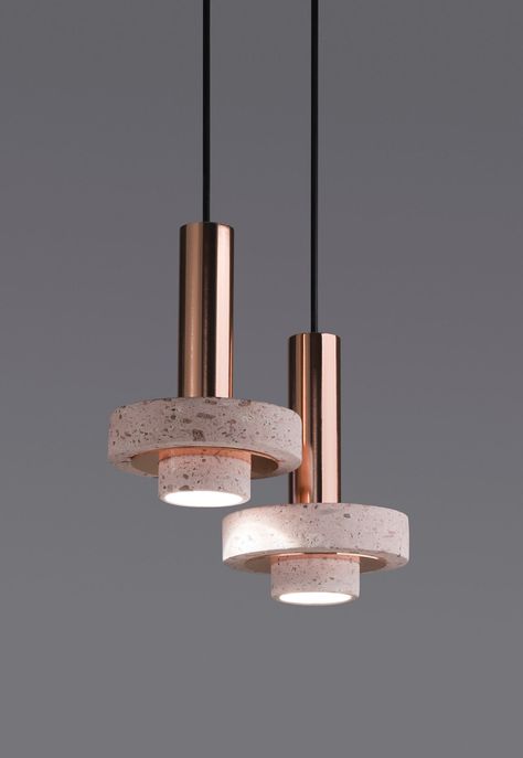 Studio davidpompa Expands Cantera Rosa and Copper Ambra Lighting Collection - Design Milk Luminaria Diy, Pink Terrazzo, Deco Luminaire, Suspension Design, Lampe Design, Luminaire Design, Styl Retro, Led Pendant Lights, Modern Pendant Light