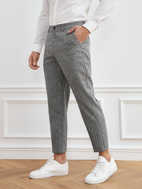 Grey  Collar  Woven Fabric Striped  Embellished Non-Stretch  Men Suits & Separates Grey Trousers Outfit Men, Mens Casual Work Clothes, Grey Trousers Outfit, Trousers Men Formal, Mens Pleated Trousers, Business Moodboard, Trousers Outfit Men, Muslim Men Clothing, Stripe Pants Outfit