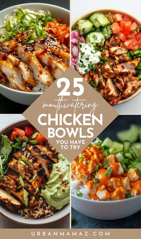 Looking for mouthwatering chicken bowls you have to try? Check out this list of 25 easy chicken rice bowls to meal prep. Cuban Chicken Rice Bowl, Salad Bowl With Chicken, Chicken Dinner Bowls, Rice Bowl With Chicken, Thai Chicken Bowls Healthy, Healthy Lunch Bowl Recipes, Crispy Chicken Bowl Recipe, Chicken For Bowls, Easy Bowl Dinners