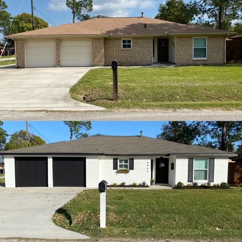 Black And White Homes Exterior Painted Bricks, Tan White Black House Exterior, White House Black Trim Ranch Style, Ranch House White With Black Trim, Black And White House Paint Exterior, White Exterior Paint Colors Ranch House, White Brick Home With Black Trim, White House Black Trim One Story, Exterior White Brick Paint Colors