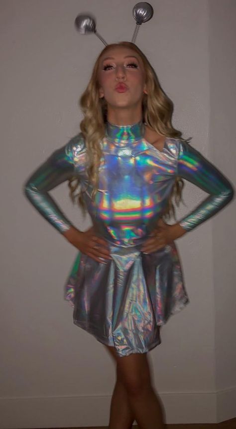 Alien Costume For Women, Area 51 Themed Party Outfit, Holographic Alien Costume, Aliens Costume Women, Alien Cute Costume, Alien Adult Costume, Alien Inspo Outfit, Alien Fancy Dress Women, Metallic Alien Costume