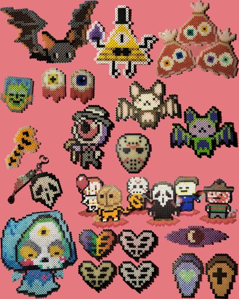 Perler bead creations that are all things spooky. This listing is for one of the following: Summer Frank: 2inx2in Ribcage: 3inx2in Sam's Scythe: 3inx2in Nightvale Eye: 3inx2in Bloody Eyeball: 3inx2in Coffin: 3inx2in Ghostface w/ knife: 3inx3in Jason Mask: 4inx4in Blood Eye Bag: 5inx4in Bill Cipher: 5inx4in Eyeball Gent: 5inx4in Tricolor Bat: 6inx4in Horror Standees: 6inx4in Bat: size 7inx5in Reaper: size 8inx6in Can be customizable with different colors. These are an example of the finished product, you will get one made to order. Zero Perler Beads, Jack O Lantern Perler Beads, Jason Perler Beads, Jack And Sally Perler Beads, Berserk Perler Beads, Opossum Perler Beads, Perler Bead Patterns 29x29, Intricate Perler Bead Patterns, Sanrio Perler Bead Patterns Small