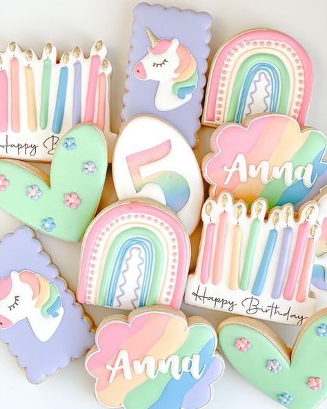 Girly Cookies, Rainbow Sugar Cookies, Rainbow Unicorn Birthday Party, 5th Birthday Girls, Hello Kitty Birthday Party, 5th Birthday Party Ideas, Unicorn Cookies, Rainbow Unicorn Birthday, Cute Birthday Ideas